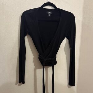 7 for all mankind -  Wrap-Front Black Ribbed Long-Sleeve ballet core top